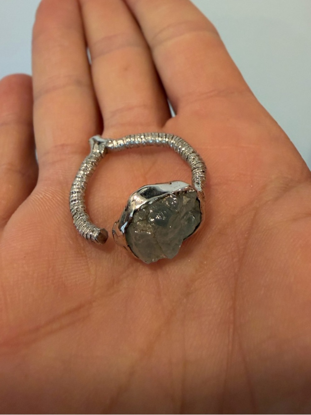 German Kabirski Sterling Silver Raw Aquamarine stone ring